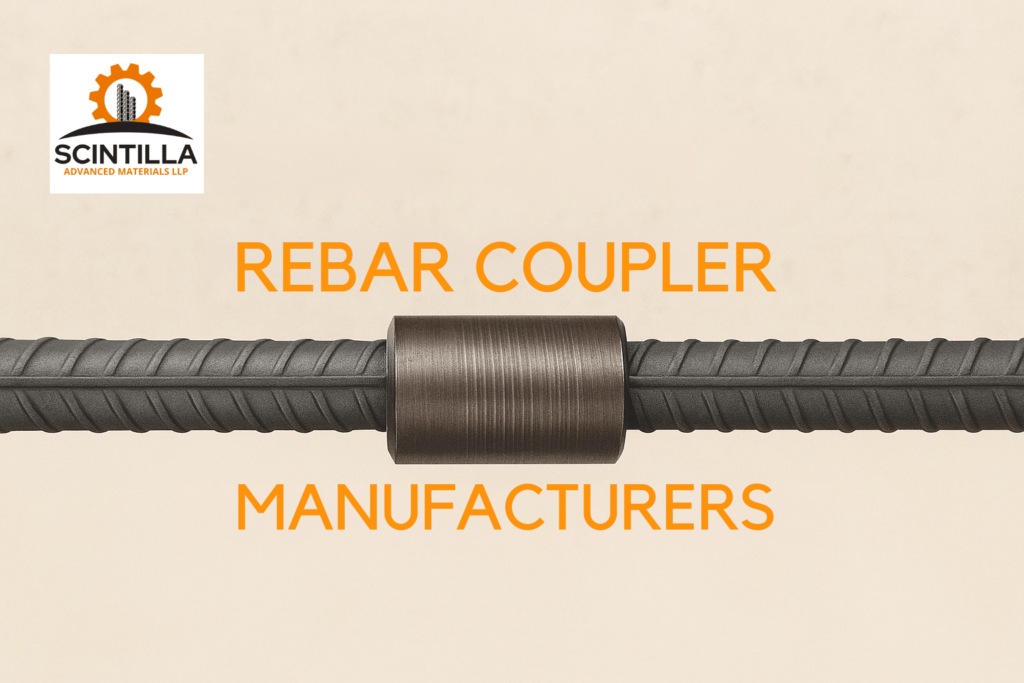 Steel rebar coupler connecting two rebars with Scintilla logo and bold text reading “Rebar Coupler Manufacturers” on a light background.