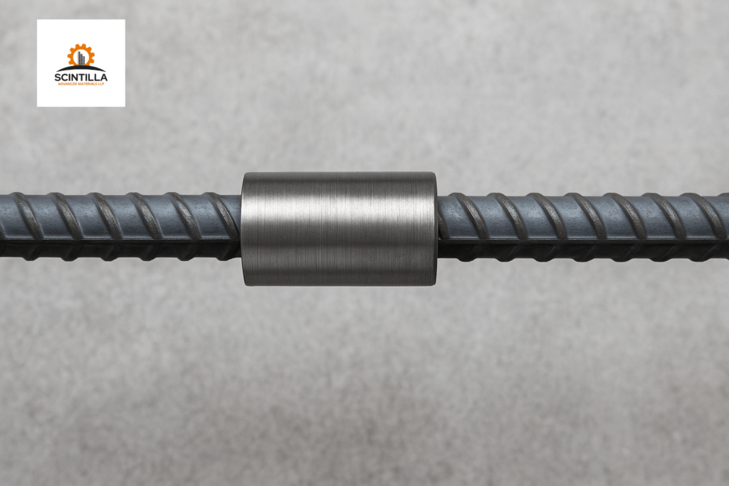 Close-up image of a steel rebar coupler joining two rebars against a concrete background.