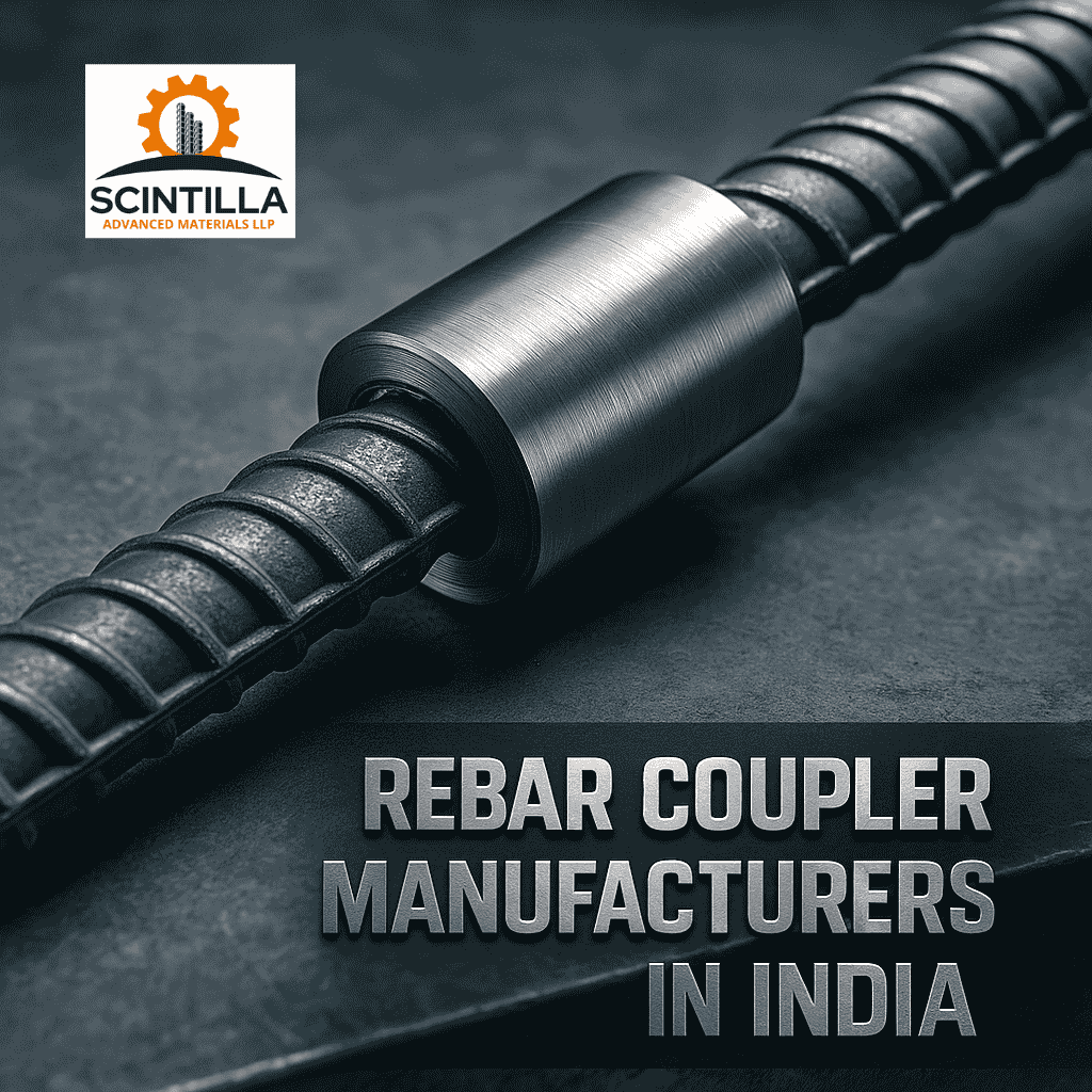 A diagonally placed steel rebar couplers joining two rebars on an industrial metal surface with metallic-text text Rebar Coupler Manufacturers in India.